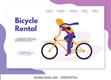 Bicycle rental flat vector landing page template. Bike sharing services flat web banner. Sportswoman training. Outdoor activity. Female cartoon character traveling. Eco transport for rent