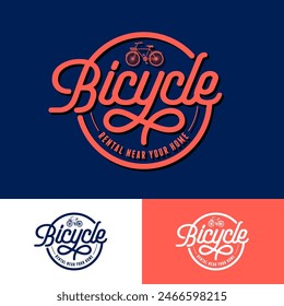 Logo de Alquiler de Bicicletas. Letras y Pequeña moto en círculo. Caligrafía retro con rizos. Identidad. Usando colores.