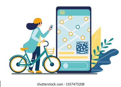 Bicycle rental mobile app. Bike sharing. A girl using a smartphone unlocks an electric bike for a trip. On the phone screen is a map with locations of parking lots and qr code. Vector illustration.