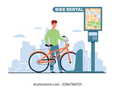 Bicycle rental service, guy rents bike. Bike parking. Ecological urban transport, man cycling. City navigation app. Vehicle sharing, eco lifestyle. Cartoon flat isolated vector concept