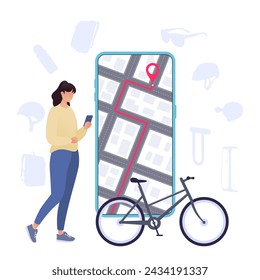 Bicycle rental service mobile application. Cycling or riding bicycle with navigator. Mobile app to Searching route and location with GPS map. Vector illustration