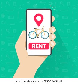 Bicycle rental service online on cell phone and person hand or rent a bike app on smartphone vector flat cartoon illustration