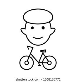 Bicycle rental and sharing. Bicycle and boy. Male client of a public bike in a car sharing mobile service. Editable stroke outline man share bicycle vector icon for web design isolated.