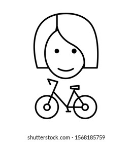 Bicycle rental and sharing. Bicycle and girl. Female client of a public bike in a car sharing mobile service. Editable stroke outline woman share bicycle vector icon for web design isolated