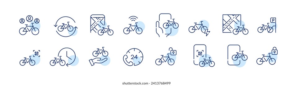 Bicycle rental and sharing. Pixel perfect icons set