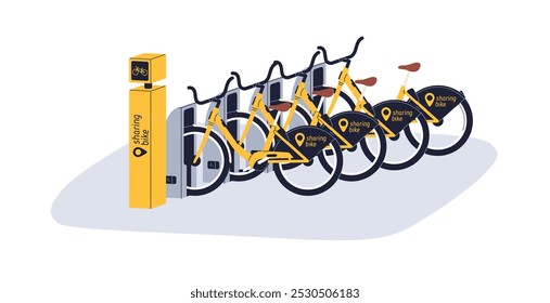 Estación de alquiler de bicicletas. Transporte urbano respetuoso del medio ambiente, servicio de alquiler de bicicletas con bicicletas acopladas en el área de estacionamiento, lugar para uso público. Ilustración vectorial plana aislada sobre fondo blanco