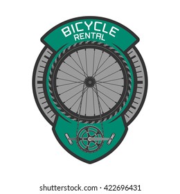 Bicycle rental vector logo, emblem, sign, icon. Graphic illustration, design element of bicycle wheel, chain