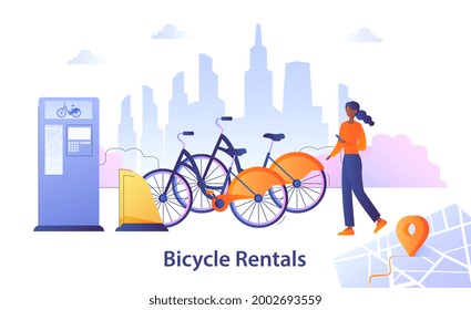 Bicycle rentals concept. Woman with a phone in her hand rents a bicycle in a special device. A means of transportation around the city. Cartoon gradient flat vector illustration on a white background