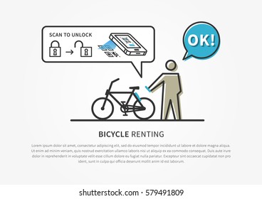 Bicycle renting app vector illustration. Application to rent bike creative concept. Bike renting service with software to scan qr code to unlock transport vehicle graphic design.