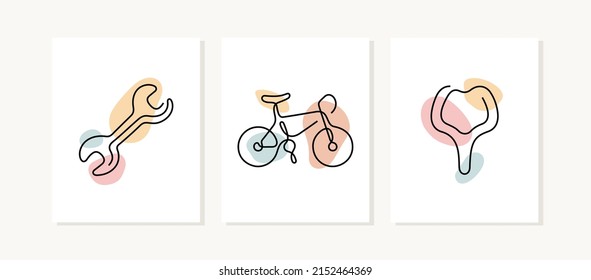 Bicycle repair and accessories shop continuous line posters.