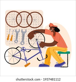 Bicycle repair. A black man repairs a bicycle. The mechanic repairs the bicycle, the mechanic inflates the wheels. Web graphics, banners, advertisements, business templates. 