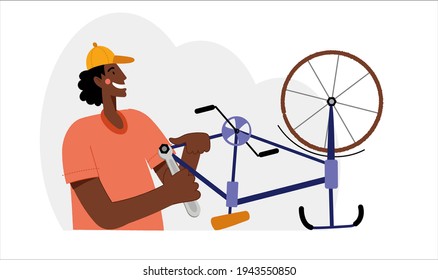 Bicycle repair. A black man repairs a bicycle. The mechanic repairs the bicycle, the mechanic inflates the wheels. Web graphics, banners, advertisements, business templates. 