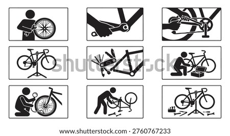 Bicycle repair icons: maintenance, assembly, and servicing steps