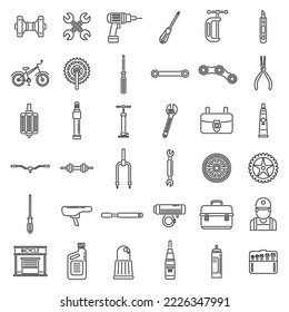 Bicycle repair icons set outline vector. Bike element. Bicycle parts equipment