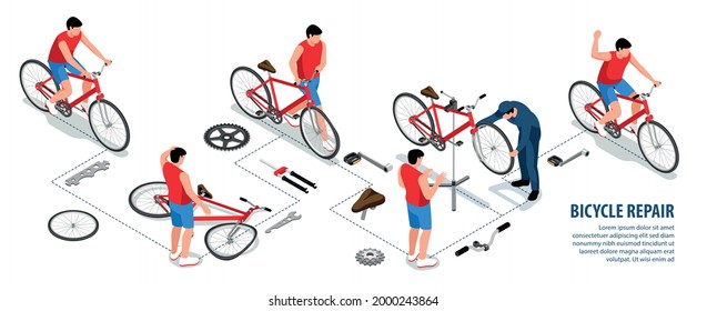 Reparación de bicicletas infografía isométrica con bicicleta ciclista macho y vehículo quebrado mecánico reactivado después de ilustración del vector de choque