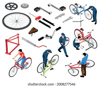 Bicycle repair isometric set of treadle saddle handlebar wheel gear hand  pump chassis bike parts isolated vector illustration