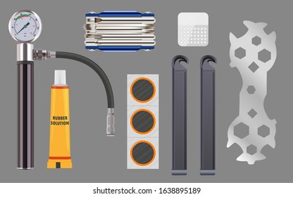 Bicycle repair kit with air pump, multi-tools, wrench, rubber patches, rubber glue