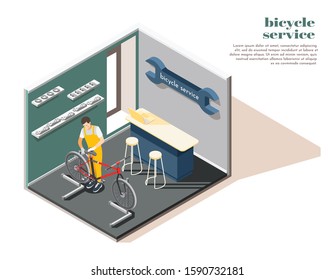 Bicycle repair maintenance service shop interior isometric composition with repairman replacing wheels adjusting saddle advertising vector illustration  