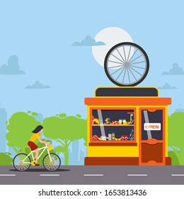 Bicycle Repair And Maintenance Service Shop, Bike Tools And Accessories Store, Vector Illustration. Woman Cycling On City Street, Cartoon Character In Flat Style. Bicycle Accessories Shop, Tool Store