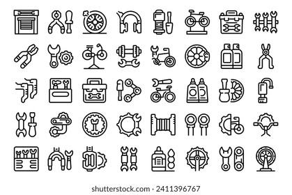 Bicycle repair maintenance shop icons set outline vector. Bike outdoor. Business service