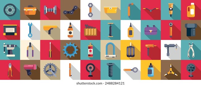 Bicycle repair and maintenance shop icons set. Large set of bicycle repair service tools and equipment icons in flat style with long shadow