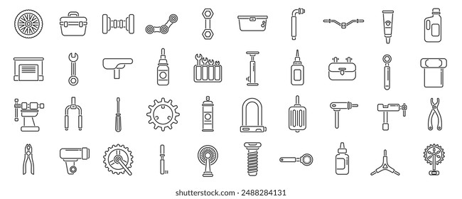 Bicycle repair and maintenance shop icons set. Bicycle workshop tools and equipment for fixing and servicing a bike in thin line style