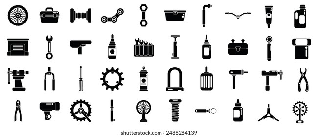 Bicycle repair and maintenance shop icons set. Set of black icons representing different bicycle parts, tools and accessories used by mechanics for bike repair