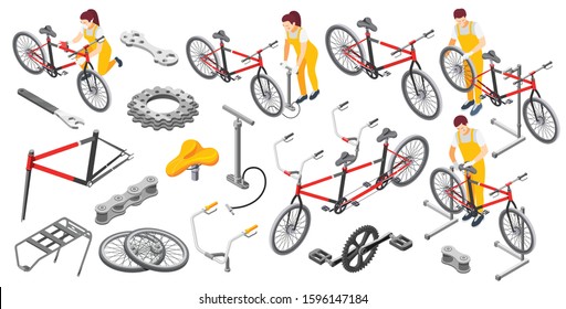 Bicycle repair male female mechanics service isometric set with tandem bike pump saddle wheels frame vector illustration 