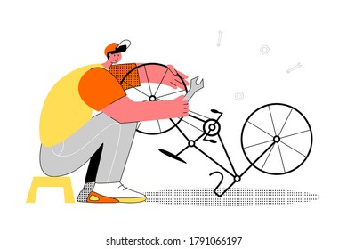 Bicycle repair male female mechanics service isometric set with tandem bike pump saddle wheels frame vector illustration