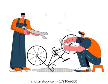 Bicycle repair male female mechanics service isometric set with tandem bike pump saddle wheels frame vector illustration