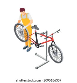 Bicycle repair male female mechanics service isometric set with tandem bike pump saddle wheels frame vector illustration
