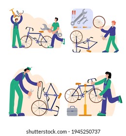 Bicycle repair. The mechanic repairs the bicycle, the mechanic inflates the wheels. Web graphics, banners, advertisements, business templates.