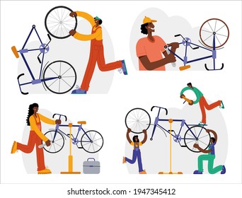 Bicycle repair. The mechanic repairs the bicycle, the mechanic inflates the wheels. Web graphics, banners, advertisements, business templates.