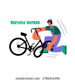 Bicycle repair. The mechanic repairs the bicycle. Vector flat Illustration. Web graphics, banners, advertisements, business templates.