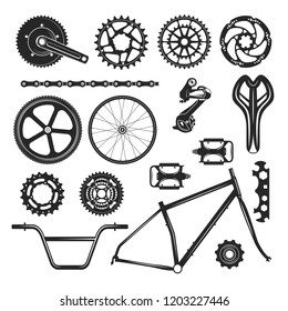 Bicycle repair parts set, vehicle element icon. Bike black accessories design. Vector flat style cartoon illustration isolated on white background
