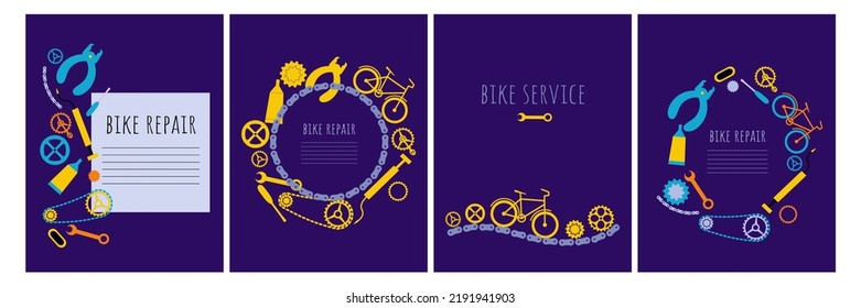 Bicycle Repair Posters Set. Banner, Logo, Advertising. Border Of Bike Chain With Tools And Details. Wrench, Chain, Chain Rings, Pump, Pedal, Link Tool, Screwdriver. Vector Flat Illustration 