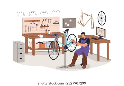 Bicycle repair at professional workshop. Mechanic fixing broken bike. Worker at maintenance service, garage. Repairman with damaged vehicle. Flat vector illustration isolated on white background