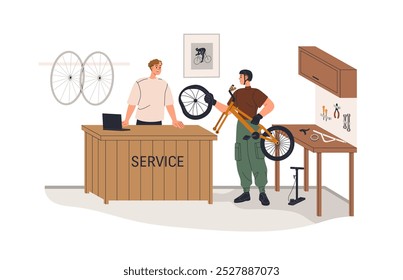 Bicycle repair service. Cyclist customer and cycle workshop administrator at counter desk. Biker client with broken bike, tire puncture. Flat vector illustration isolated on white background