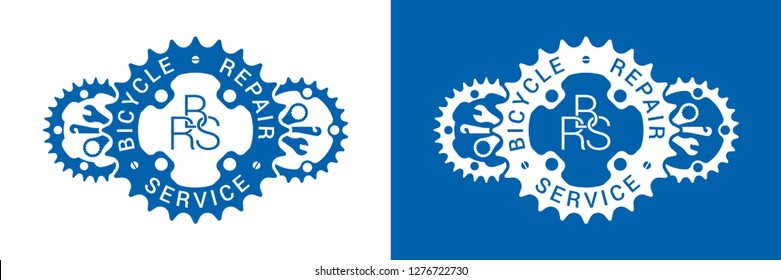 Bicycle repair service logo design with chainring and bike tool silhouettes isolated on white and blue backgrounds.