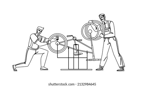 Bicycle Repair Service Men Workers Fixing Black Line Pencil Drawing Vector. Young Guys Examining And Repairing Bicycle Parts. Characters Repairman Transport Maintenance Professional Work Illustration