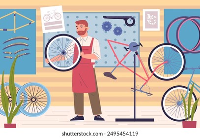 Bicycle repair shop. Bike fixing work service, cycle maintenance shop mechanic worker fix wheel tire serviceman with wrench bicycles repairing tools, classy vector illustration authors graphics
