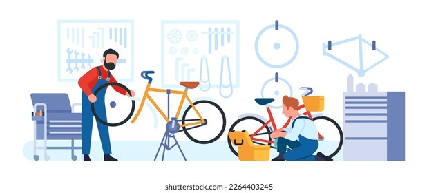 Bicycle repair shop. Bike workshop. Cycle maintenance. Men change wheel tires and chains. Repairman work in garage. Professional service. Serviceman with wrench and