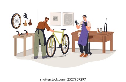 Bicycle repair shop. Men mechanics fixing and adjusting bike chain. Cycle maintenance service, work garage, workshop. Workers, repairmen. Flat vector illustration isolated on white background