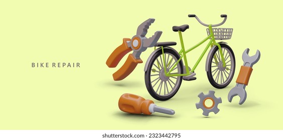 Estación de reparación de bicicletas cerca de usted. Servicio profesional rápido. Salida de maestro a casa de los clientes. Banner publicitario con ilustración y lugar para anuncio, oferta, contactos