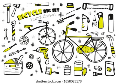 Bicycle repair tools and accessories big set. Two beautiful bicycles hand-drawn isolated on a white background. Vector illustration