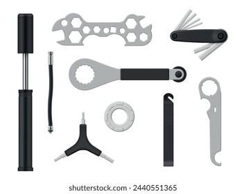 Bicycle repair tools bike mechanic workshop set realistic vector illustration. Professional equipment for cycle fixing adjustment industrial wrench hexagon spanner pump gear nut bolt hook cable