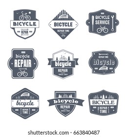 Bicycle Repair - vector set of vintage template logo insignias. Old fashion style emblems, badges of bike maintenance, service. Apparel, leaflet, brochure, sticker design. Promote your business