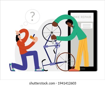 Bicycle repair. Woman repairing a bike through online repair. Web graphics, banners, advertisements, business templates.