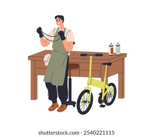 Bicycle repair workshop. Mechanic at workbench with bike chain, extra parts. Professional worker, cycle repairman with tools, equipment at work. Flat vector illustration isolated on white background