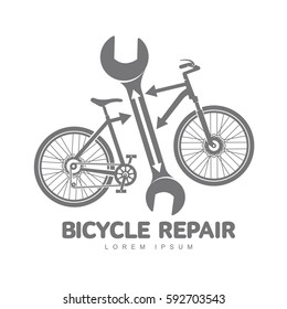 Bicycle repair workshop vector logo template for your design. Bike repair badges, labels, banners, advertisements, brochures, business templates. Vector illustration isolated on white background